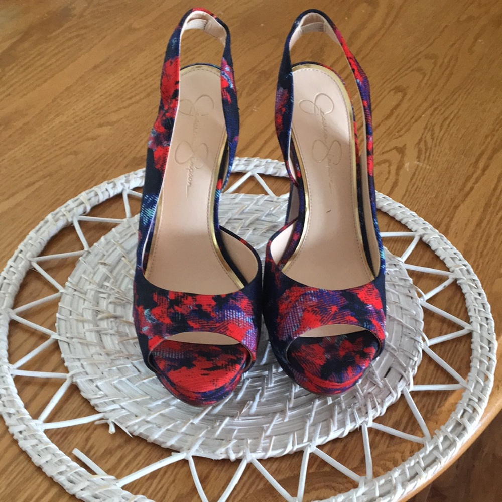 Jessica Simpson Red Multi Peep-Toe Slingback Heels